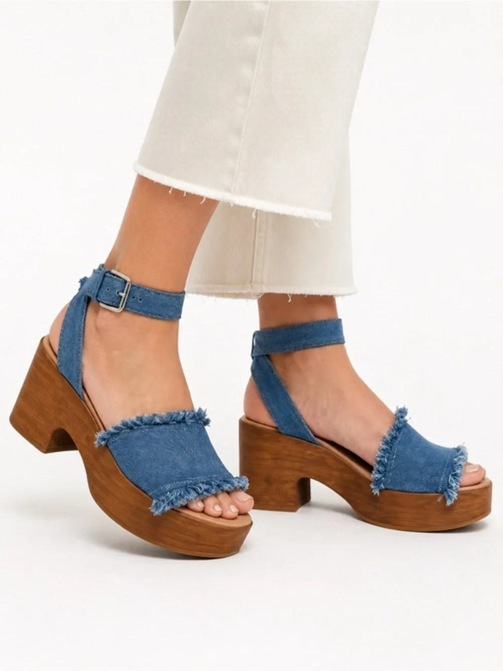 Free people frayed denim chunky wood heel platform sandals